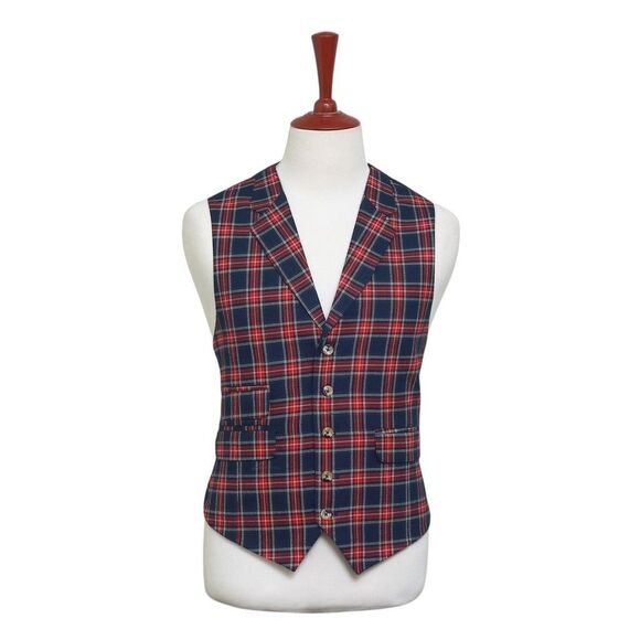 Mens Vest 44R Tartan Plaid Wool Blue Red Lapel Waistcoat Formal Wedding Party - Picture 1 of 9